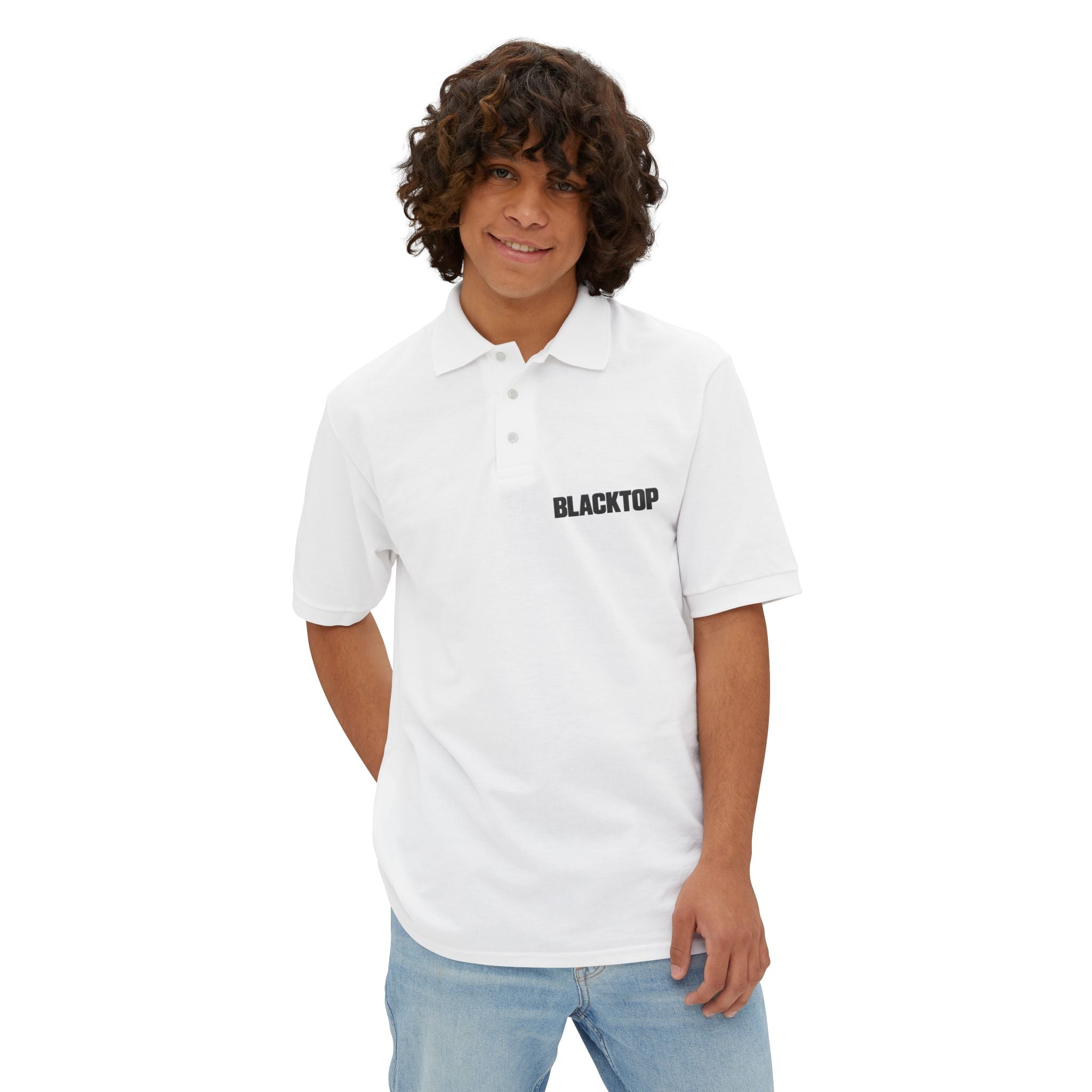 Blacktop Minimal Logo Polo — Men's White Piqué Golf Shirt